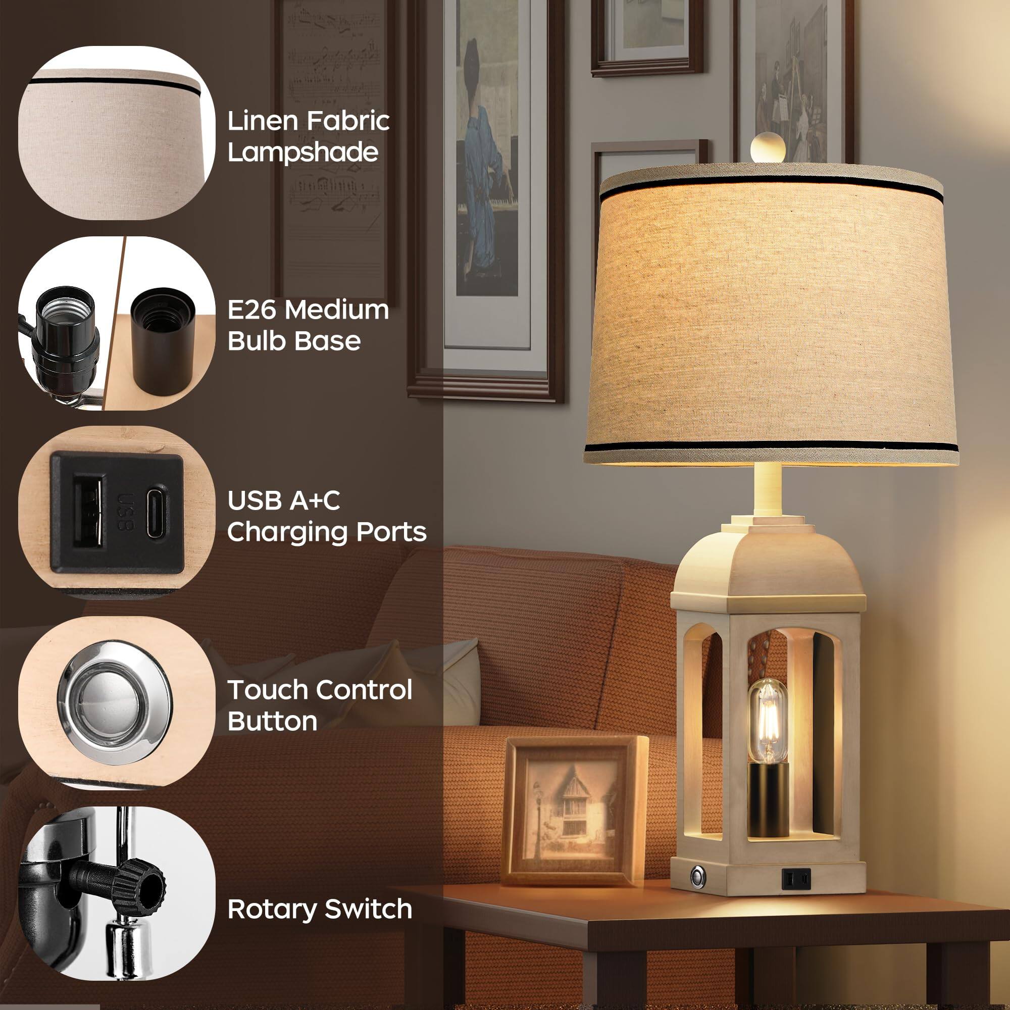- Linen Fabric Lampshade
- E26 Medium Bulb Base
- USB A+C Charging Ports
- Touch Control Button
- Rotary Switch