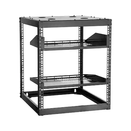 Front. VEVOR - 12U Open Frame Network Rack, 23 in Depth, Wall Mounted or Floor Standing Server Rack, Heavy Duty 4 Post - Black.