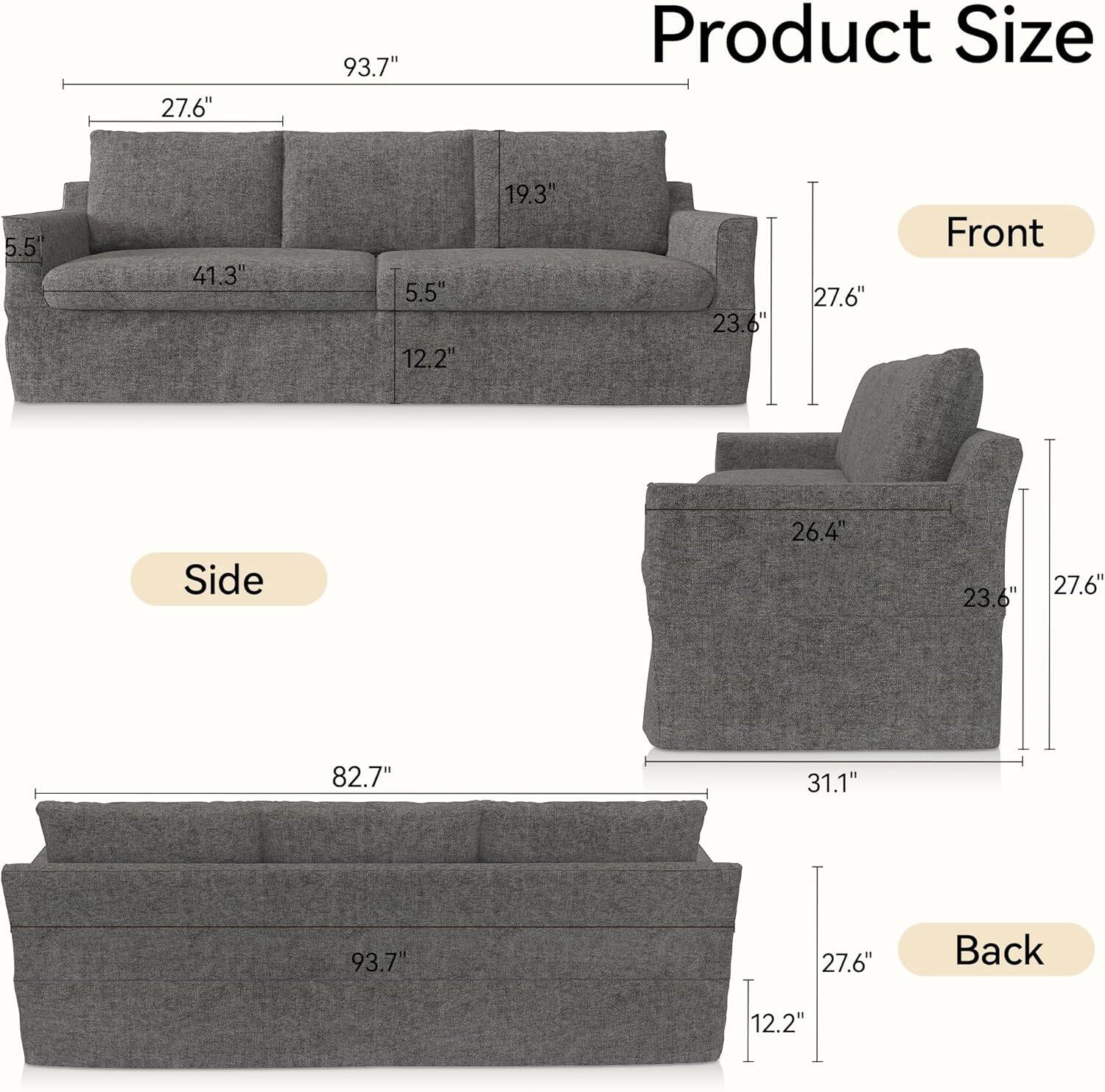 Product Size: 93.7", 27.6", 5.5", 41.3", 12.2", 19.3", 23.6", 27.6"

Front: 93.7", 27.6", 5.5", 41.3", 12.2", 19.3", 23.6"

Side: 26.4", 23.6", 27.6"

Back: 82.7", 31.1", 93.7", 27.6", 12.2"