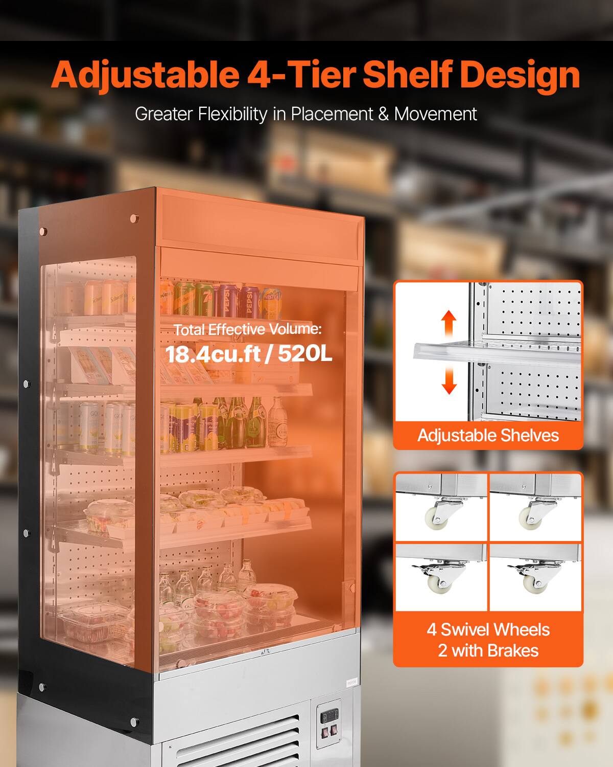 VEVOR Open Air Merchandiser, 4 Tier Shelving Commercial Refrigerator ...