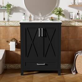 Boyel Living - 24 Inch Bathroom Vanity with Ceramic Sink, 2 Soft Close Doors, 1 Divided Drawer, Dual Door Shelves - Black