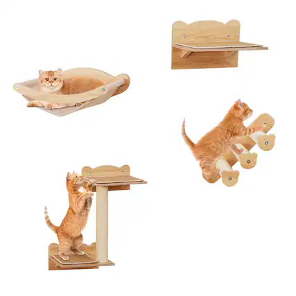 Front. Gymax - Gymax Cat Wall Shelves w/ Hammock 2-step Cat Tree Perch Non-slip Carpet Mat for Indoor - Natural.