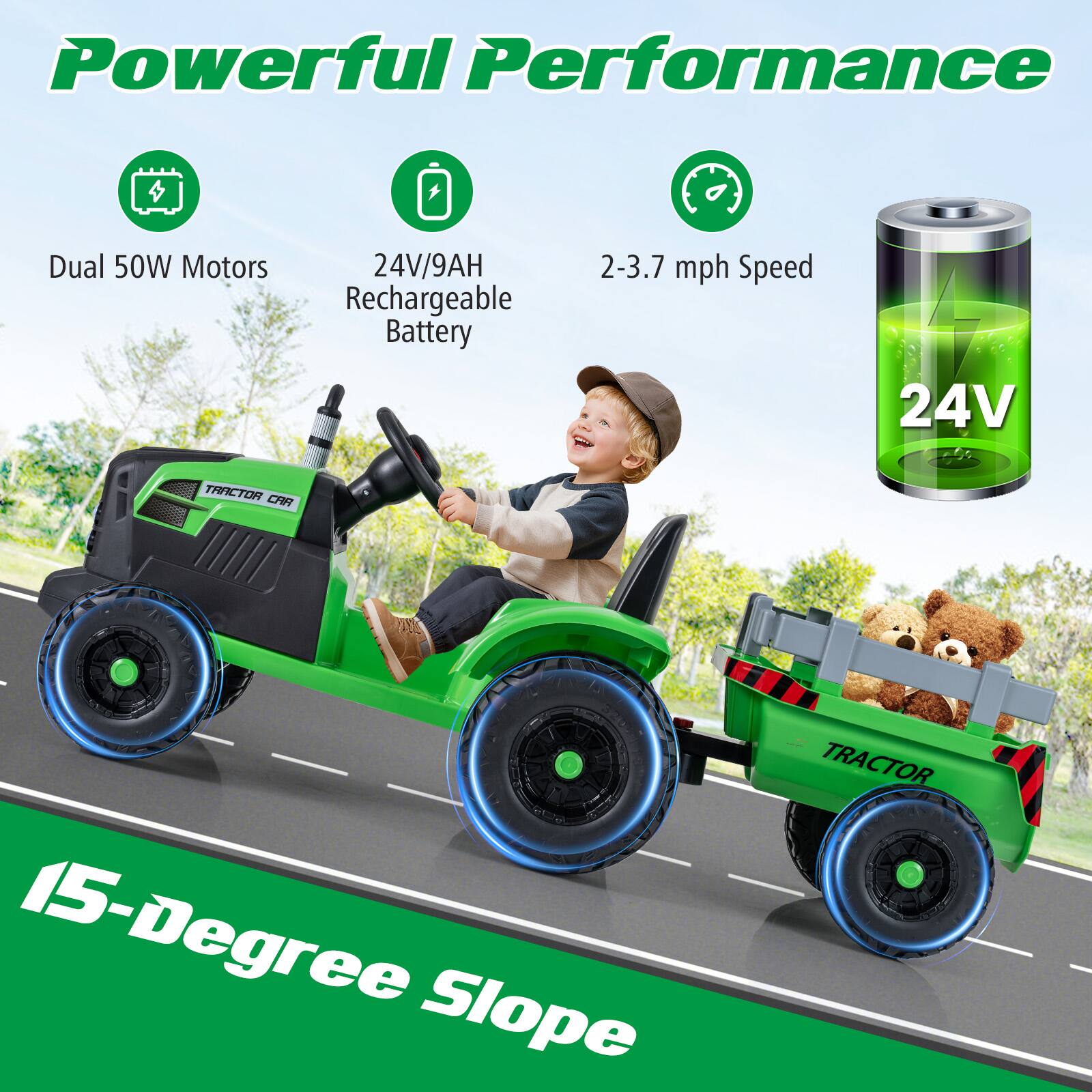 Powerful Performance

- Dual 50W Motors
- 24V/9AH Rechargeable Battery
- 2-3.7 mph Speed
- 15-Degree Slope

24V