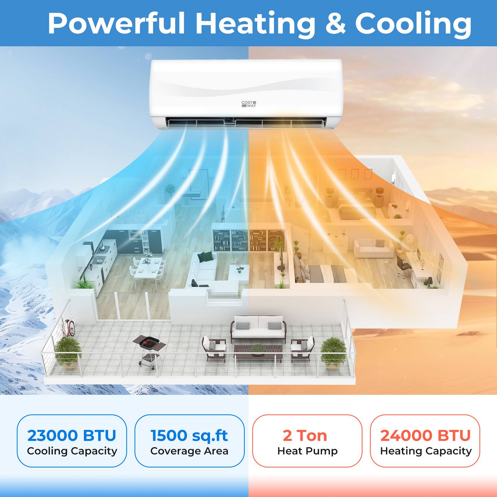 Powerful Heating & Cooling

- 23000 BTU Cooling Capacity
- 1500 sq.ft Coverage Area
- 2 Ton Heat Pump
- 24000 BTU Heating Capacity