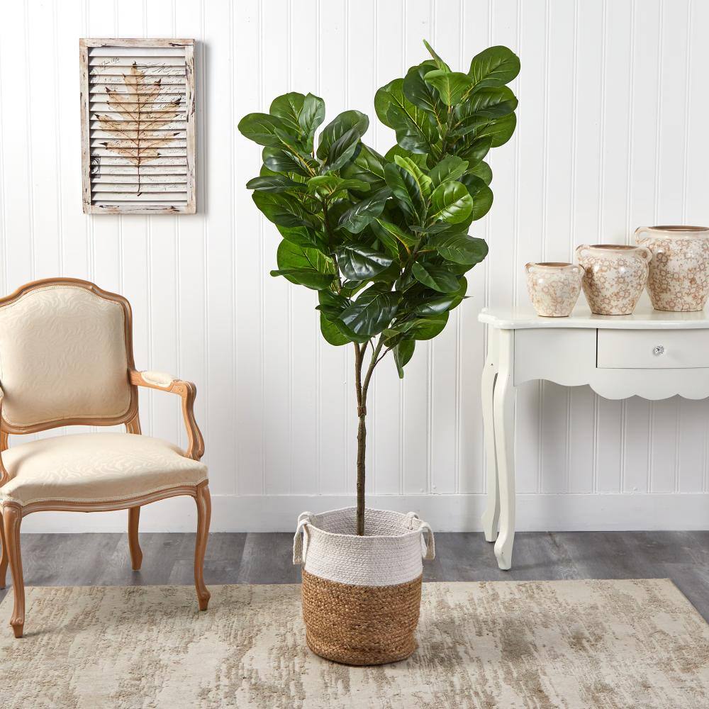 Left. BreeBe - 6' Fiddle Leaf Fig Tree in Handmade Jute and Cotton Planter - Green.