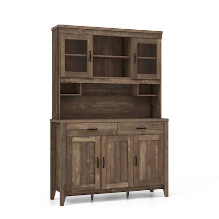 Front. Costway - Costway Kitchen Pantry Cabinet with Microwave Countertop Double Glass Doors 2 Drawers - Brown.