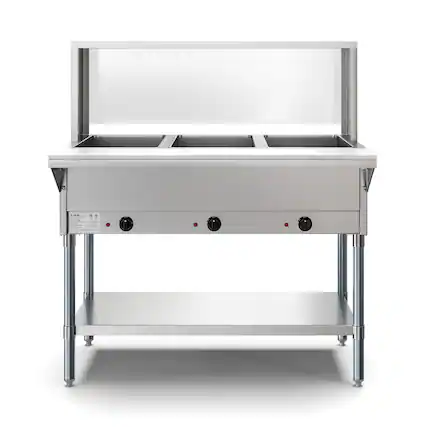 Front. Koolmore - Three Pan Open Well Electric Steam Table with Undershelf and Sneeze-Guard, KM-OWS-3SG. - Silver.