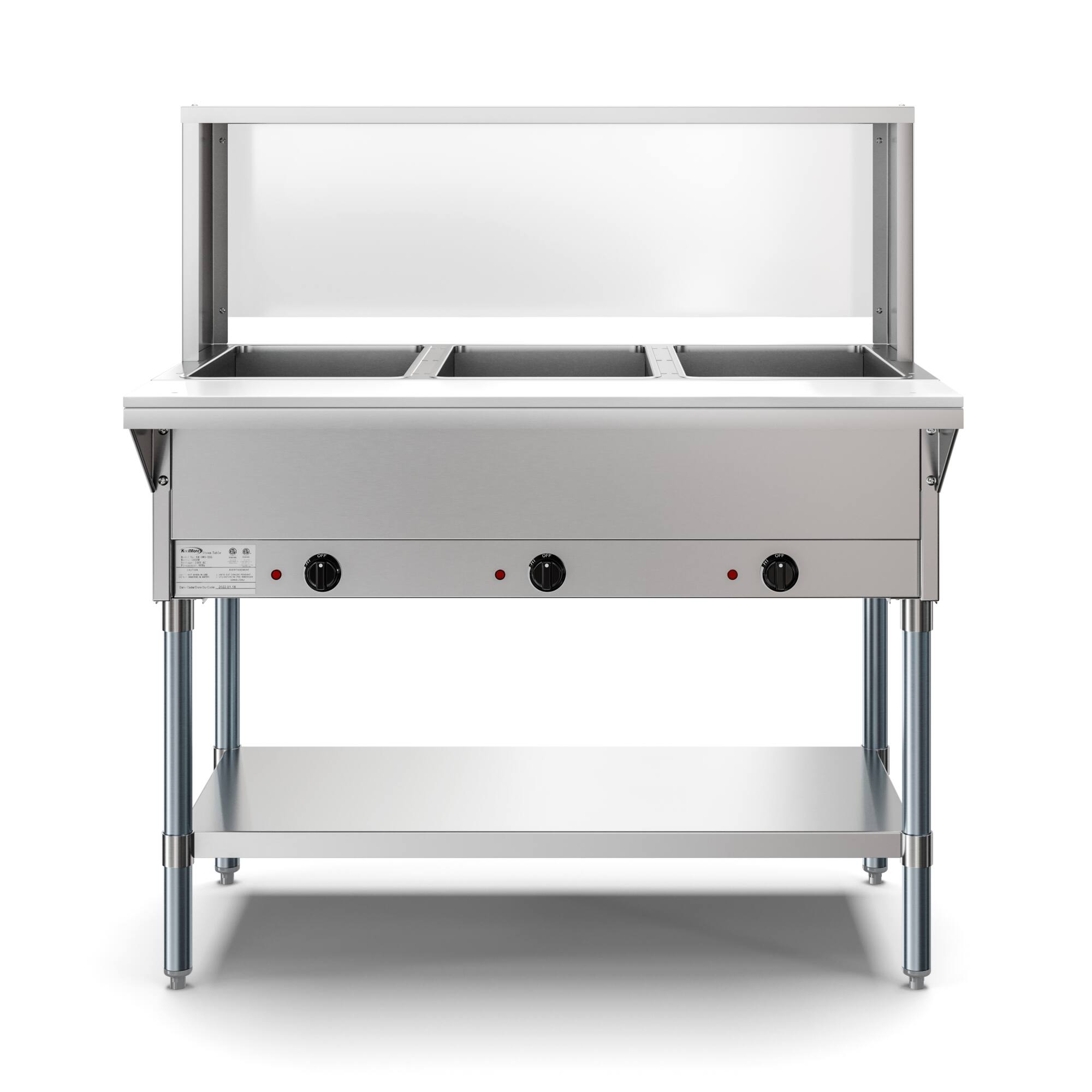 Front. Koolmore - Three Pan Open Well Electric Steam Table with Undershelf and Sneeze-Guard, KM-OWS-3SG. - Silver.