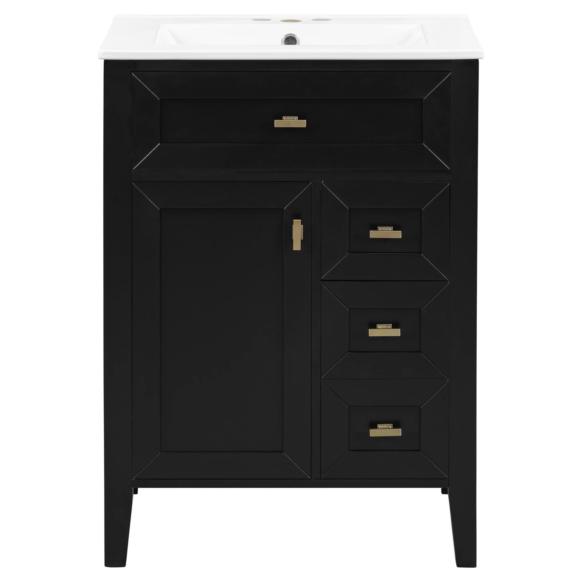 Back. Whisen - 24-Inch Freestanding Bathroom Vanity with Ceramic Sink, 3 Drawers & 2 Door Storage Rack - Black.
