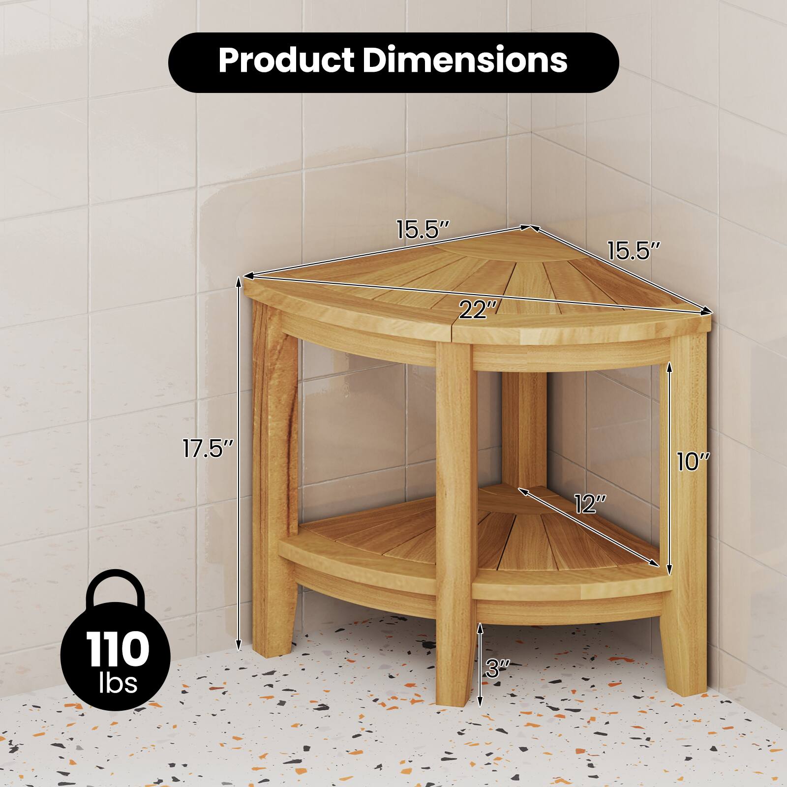 Product Dimensions

- Length: 15.5"
- Width: 15.5"
- Height: 22"
- Shelf Depth: 17.5"
- Shelf Width: 12"
- Shelf Height: 10"
- Weight Capacity: 110 lbs