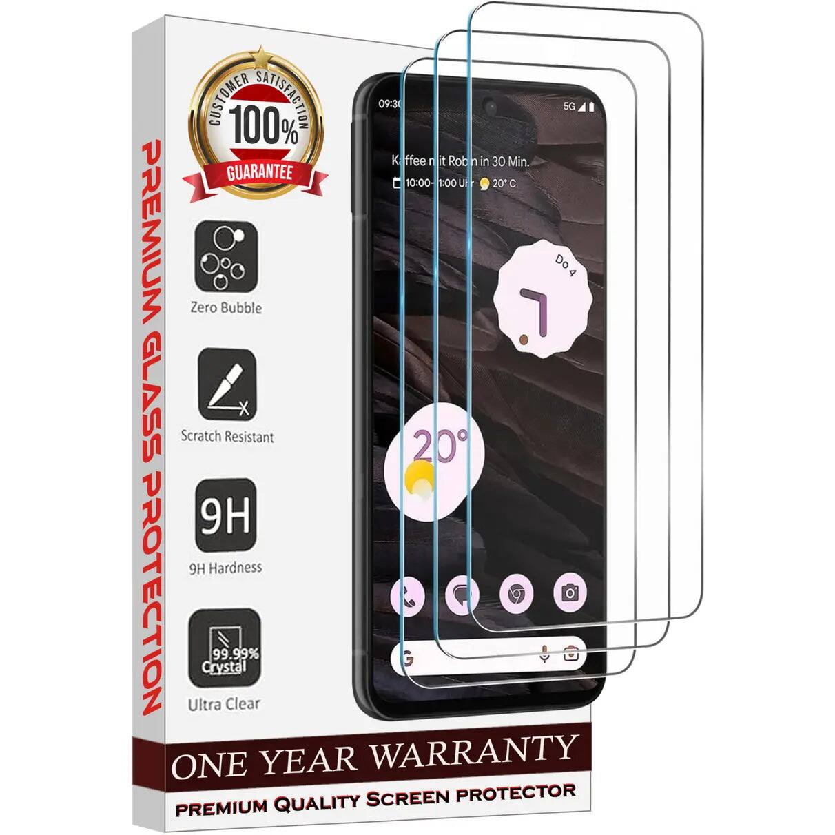 CUSTOMER 100% SATISFACTION  
09:30 5G  
Kaffe mit Robin in 30 Min.  
10:00-11:00 U 20°C  

GUARANTEE  
PREMIUM Zero Bubble L  
GLASS Scratch Resistant  
9H Hardness  
99.99% Clear  
ONE YEAR SCREEN WARRANTY  
PREMIUM QUALITY