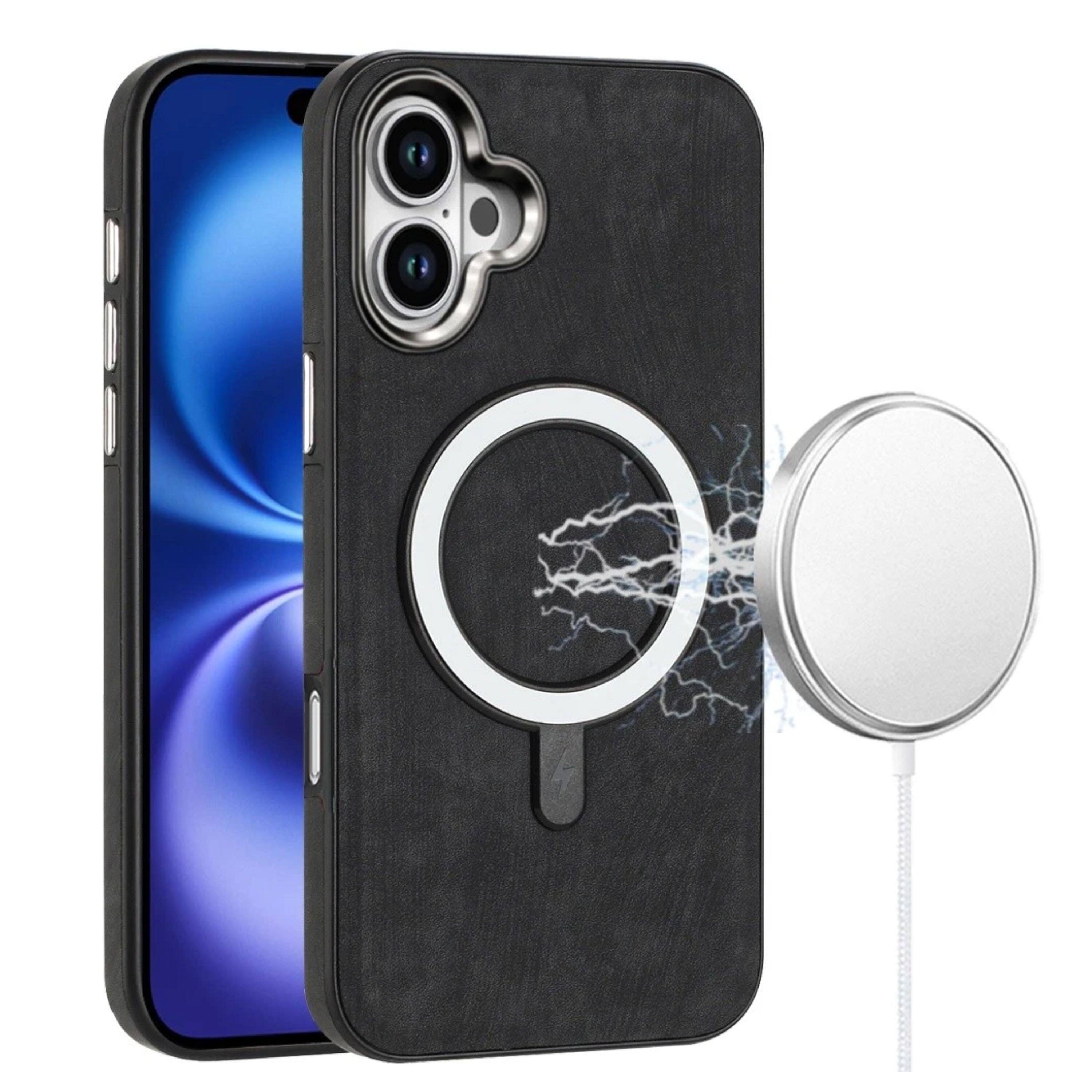Front. Kitcheniva - Soft Vegan Leather Magnetic Circle Phone Case With Tempered Glass For iPhone 17 - Black.