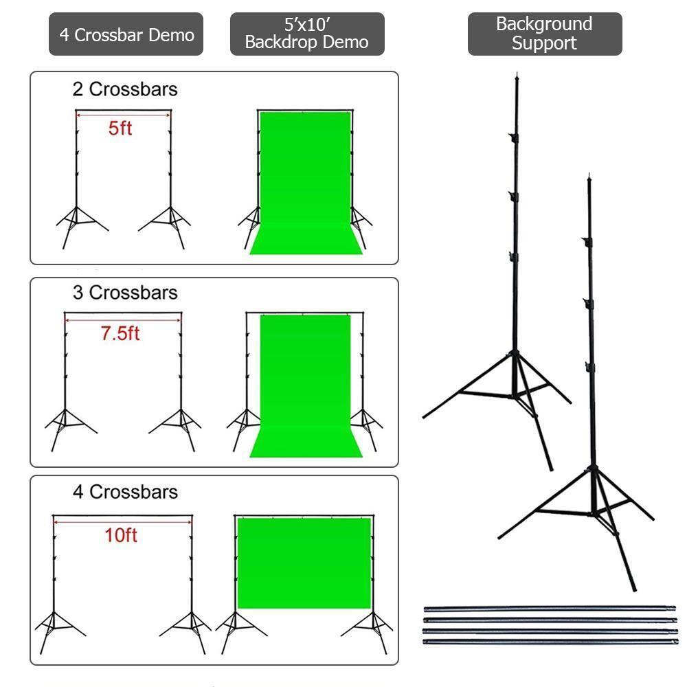 4 Crossbar Demo  
5'x10' Backdrop Demo  
Background Support  

2 Crossbars  
5ft  

3 Crossbars  
7.5ft  

4 Crossbars  
10ft