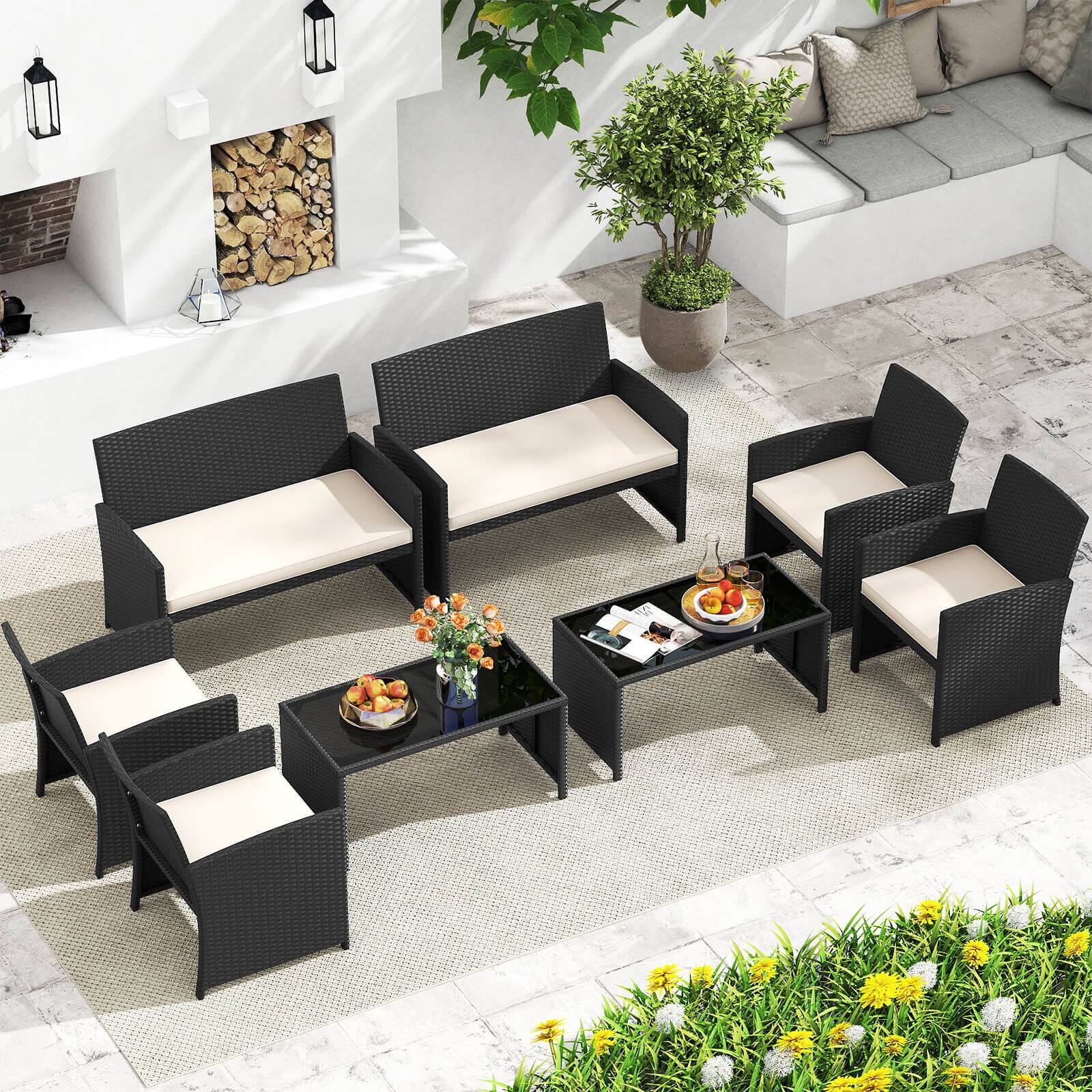 Alt View 1. Costway - Costway 8 PCS Patio Conversation Set with Seat Cushions & Tempered Glass Tabletop, Porch - White+Black.