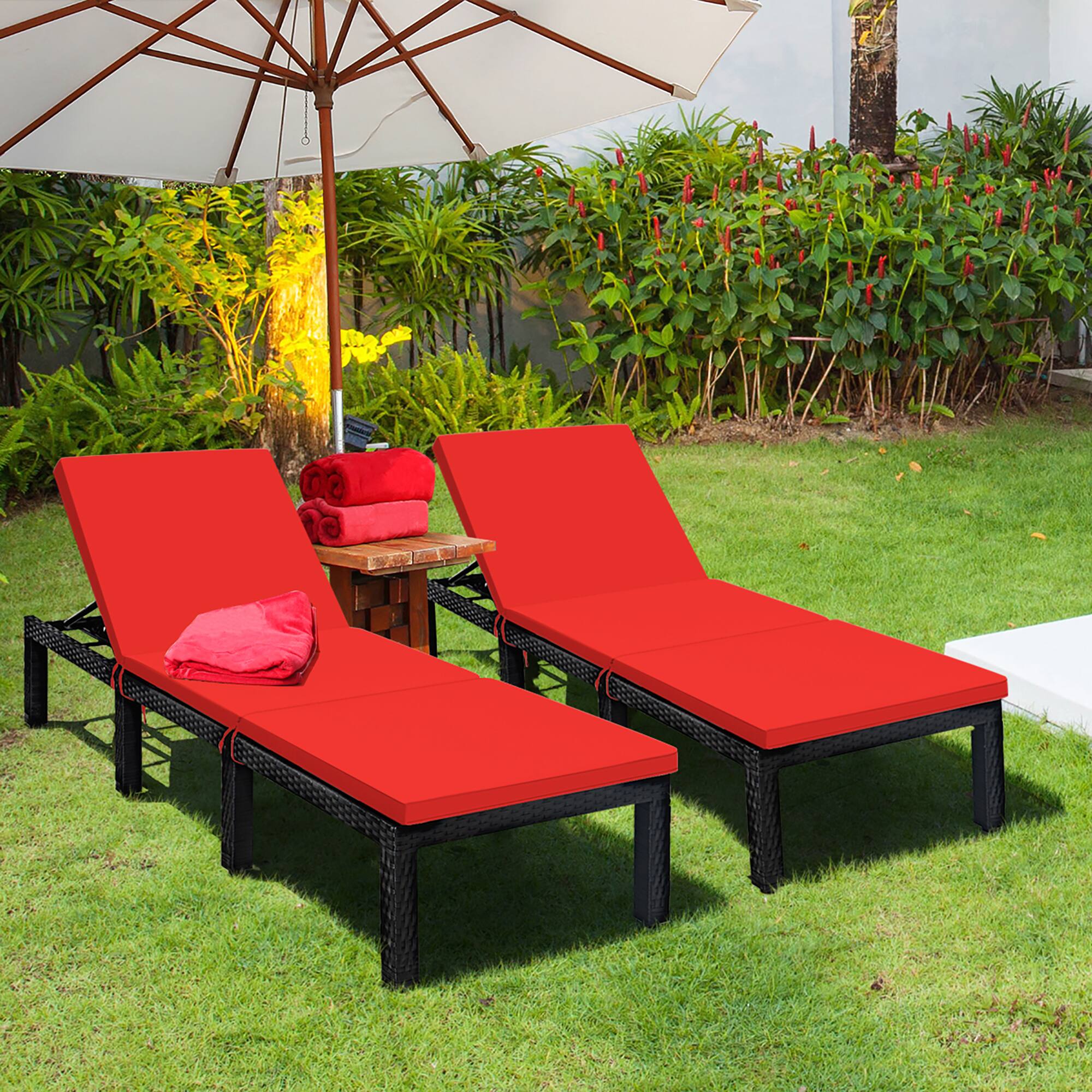 Alt View 1. Costway - 2PCS Patio Rattan Lounge Chair Chaise Recliner Adjust with Cover - Red/Off white.