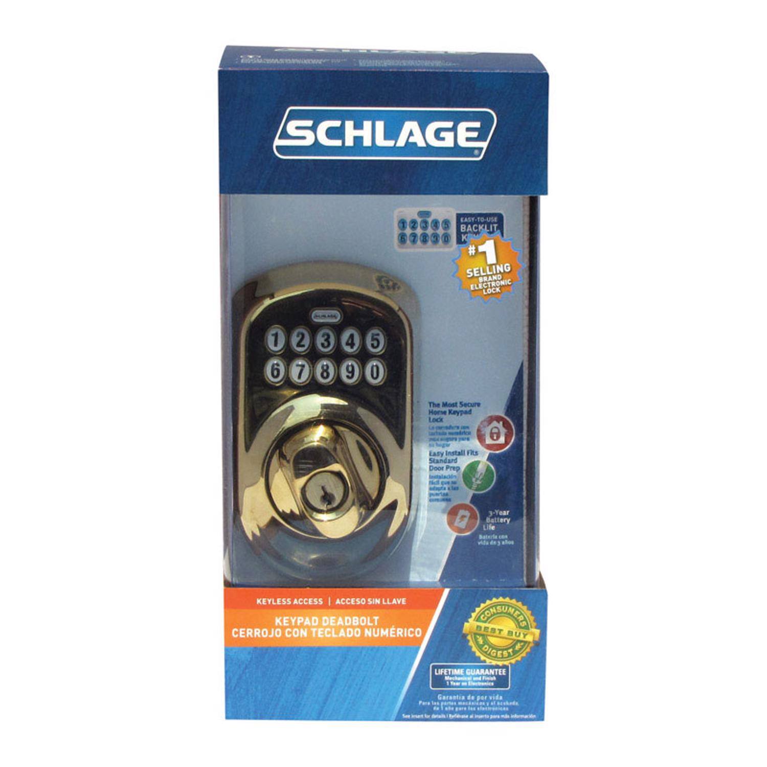 SCHLAGE  
1 A 2 7 3 I 5  
EAST-TO-USE BACKLIT  
1 K # 1 SELLING BRAND  
EL ECTRONIC LOCK  
1 6 2 7 3 8 4 9 5 0  
The Most Secure Harse Kaypad  
Lasy install FRE Standard Deer PINO  
6 - sTear Bellery Life  
KEYLESS ACCESS  
ACCESO SIN LLAVE  
KEYPAD DEADBOLT  
D CONEUNTE  
CERROJO CON TECLADO NUMRICO  
BUY DIGEST  
LIFETIME CUARANTES  
Sarentia