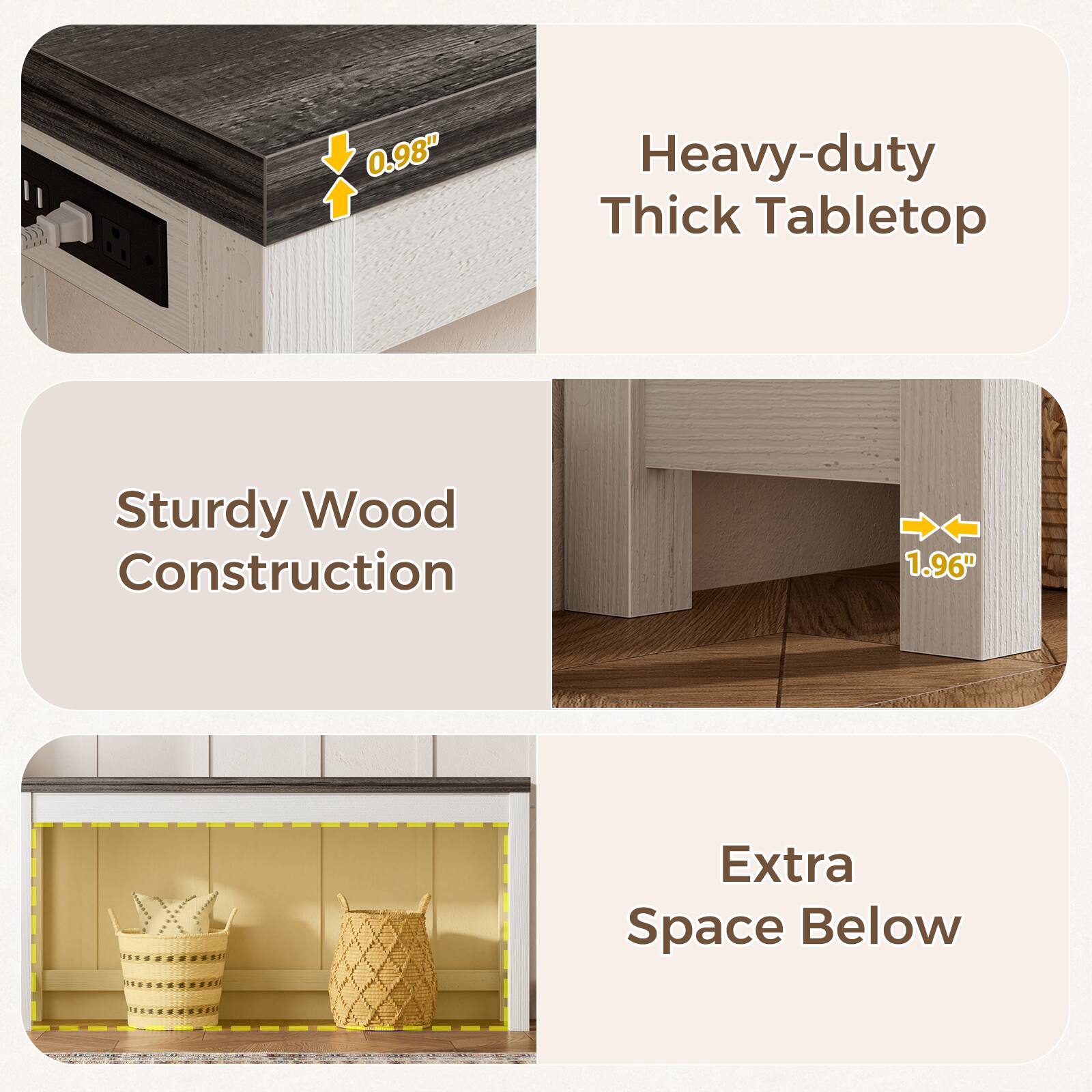 0.98" Heavy-duty Thick Tabletop Sturdy Wood Construction 1.96" X Extra Space Below