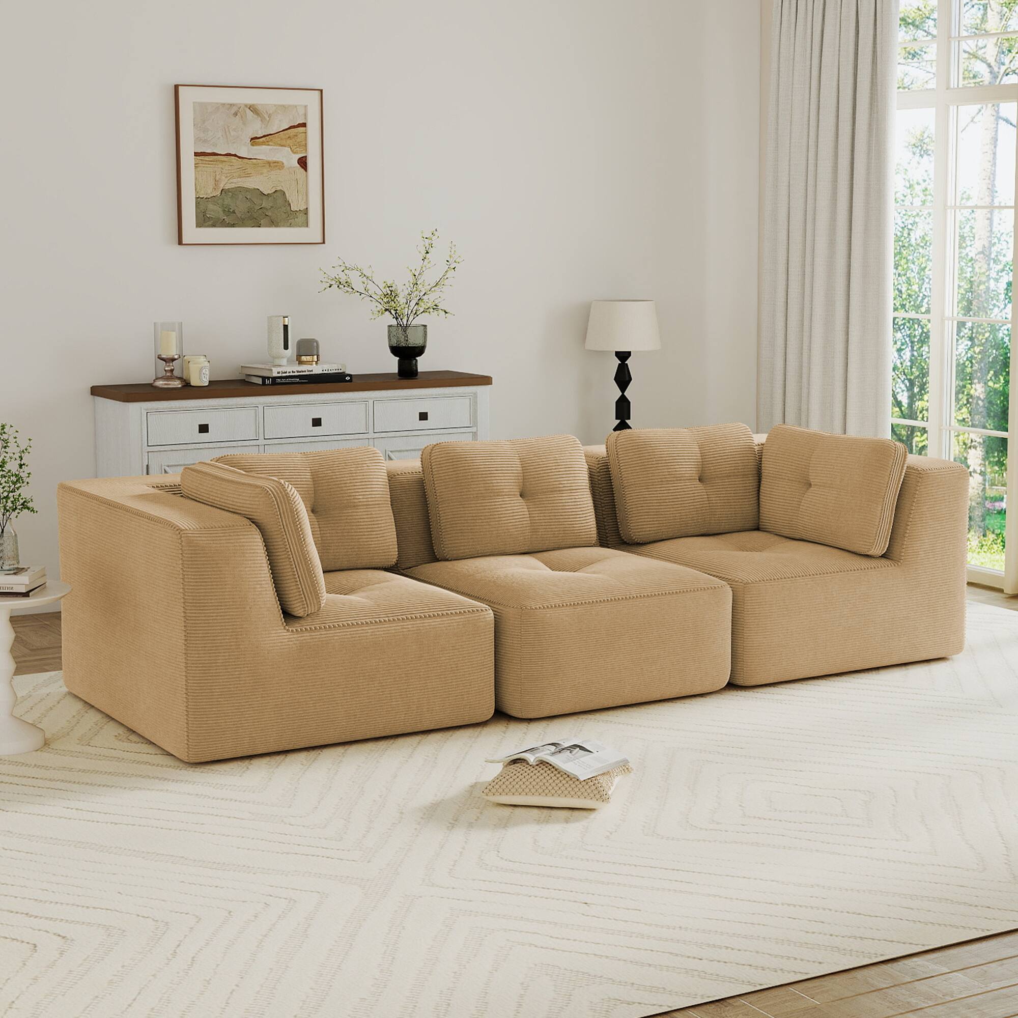 Front. LOVMOR - 3 Seater Corduroy Sectional Couch Modular Deep Seat No Assembly Compressed Pack Anti Slip Tufted For Soft Home - Camel.