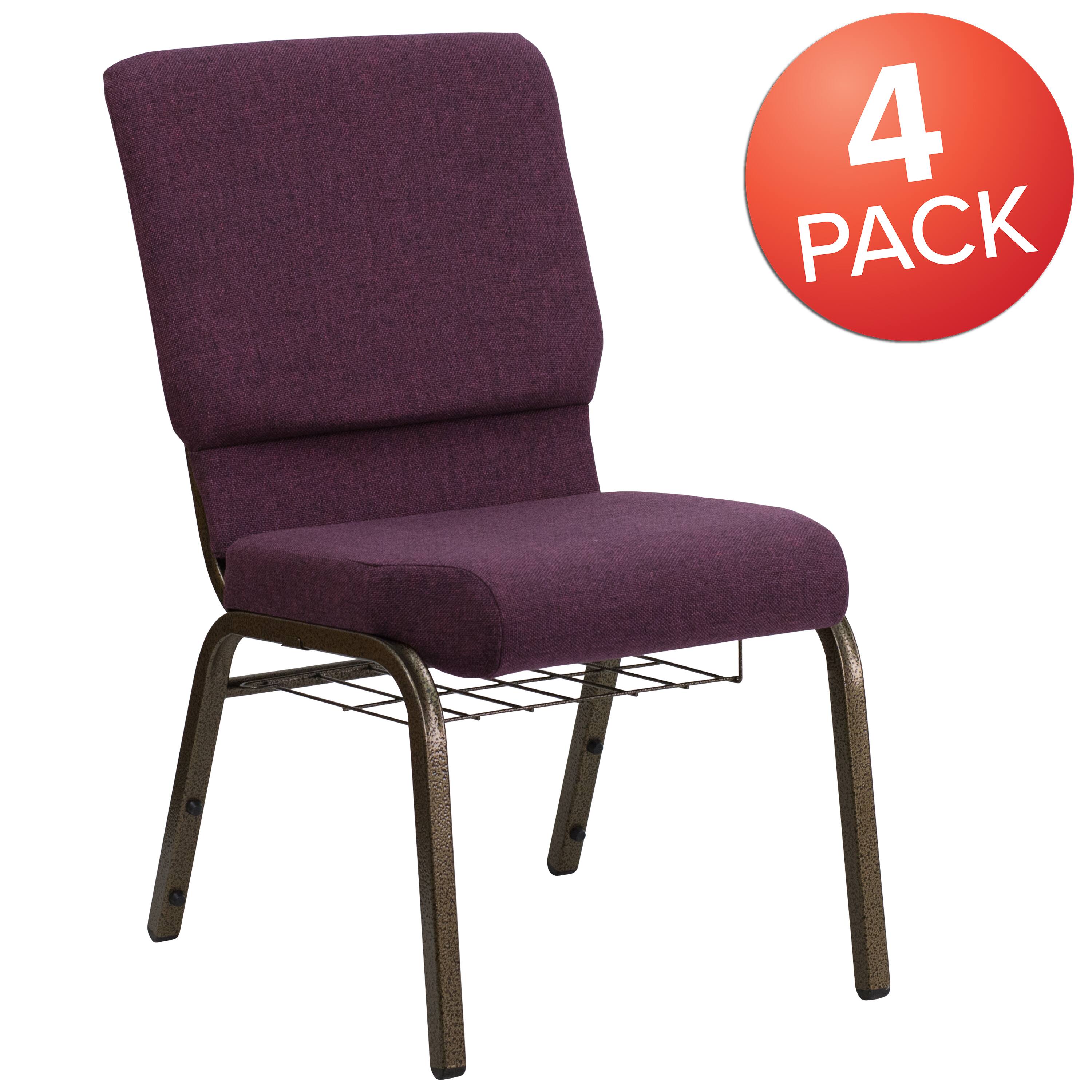 Alt View 1. Emma + Oliver - 4 Pack 18.5''W Church Chair with Book Rack - Plum Fabric/Gold Vein Frame.