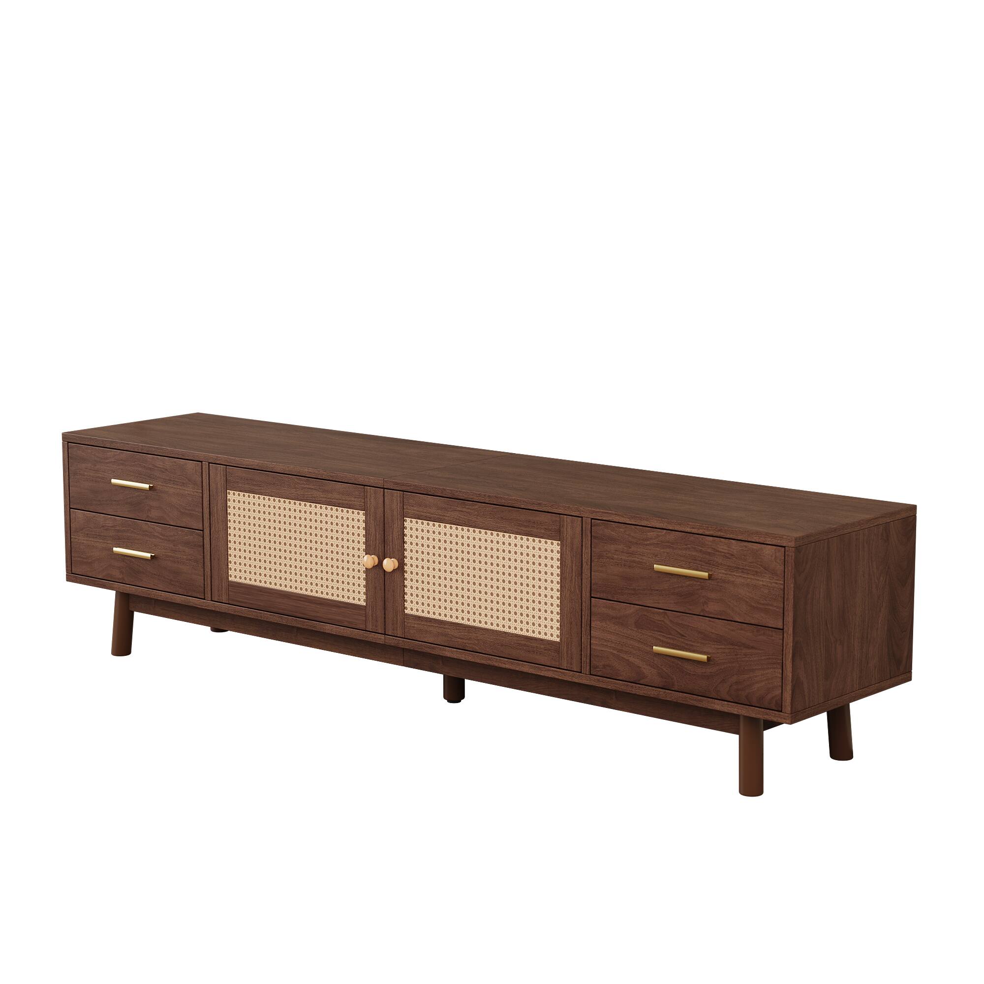 Alt View 4. Z-Edge - Modern TV Stand with Rattan Doors for TVs up to 80", Media Console with 4 Drawers, Entertainment Center for Living Room - Walnut.