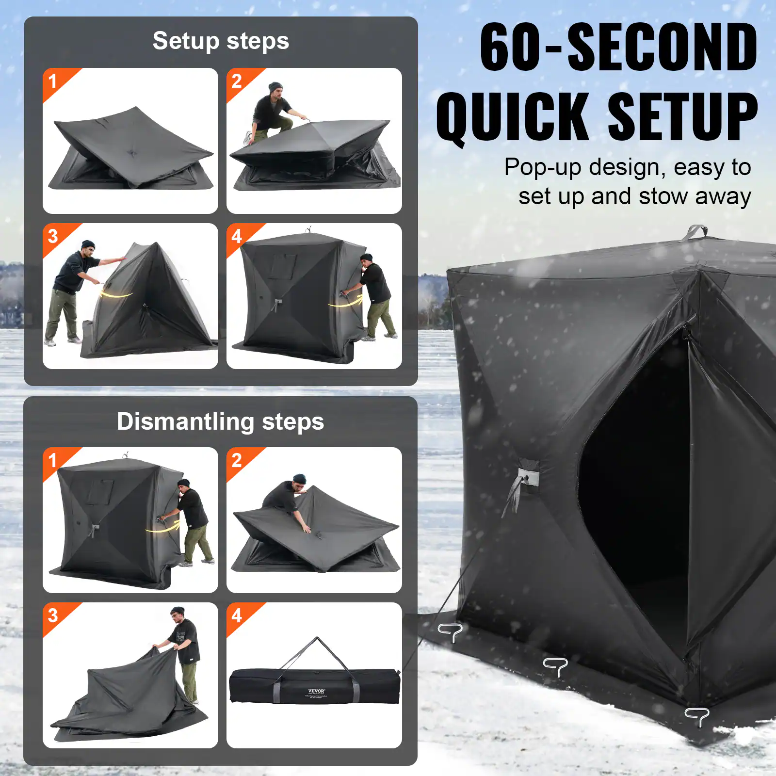 **Setup steps**

1. [Image of a folded tent]
2. [Image of a person unfolding the tent]
3. [Image of a person adjusting the tent]
4. [Image of a fully set up tent]

**60-SECOND QUICK SETUP**

Pop-up design, easy to set up and stow away

**Dismantling steps**

1. [Image of a person starting to dismantle the tent]
2. [Image of a person folding the tent]
3. [Image of a person folding the tent further]
4. [Image of the tent fully folded and packed into a bag]