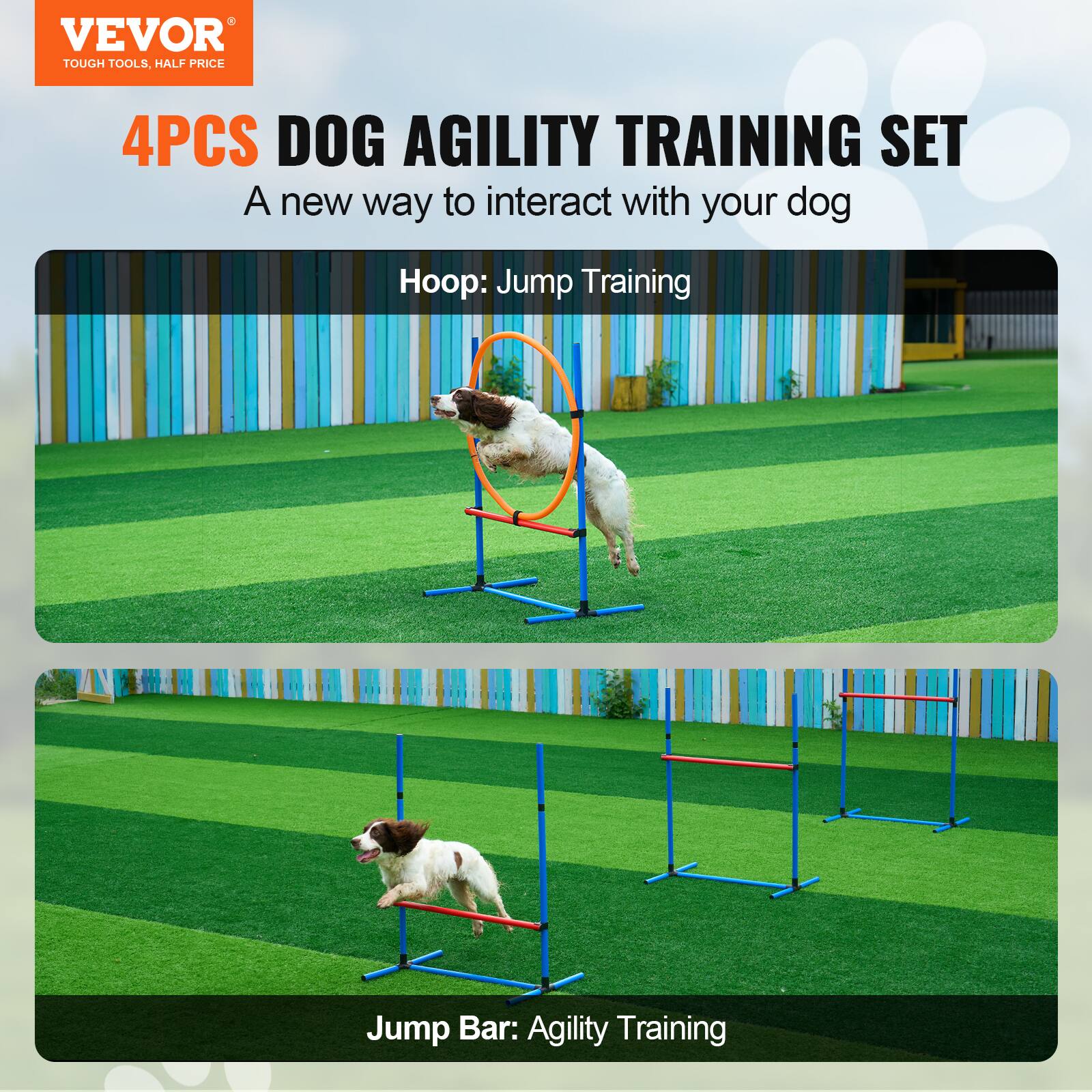 VEVOR TOUGH TOOLS, HALF PRICE 4PCS DOG AGILITY TRAINING SET A new way to interact with your dog Hoop: Jump Training Jump Bar: Agility Training