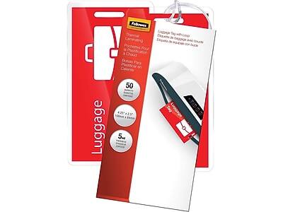 Sure, here is the corrected and grouped text from the image:

---

**Front Panel:**

- **Fellowes**
- **Thermal Laminating Pouches for Luggage Tags**
- **50 Pouches**
- **4.25" x 2.25" (107mm x 57mm)**
- **5 Mil (0.13mm)**
- **Luggage**

---

**Back Panel:**

- **Thermal Laminating Pouches for Luggage Tags**
- **Pochettes pour étiquettes de bagages**
- **Bolsas para etiquetas de equipaje**
- **Luggage Tag with Loop**
- **Étiquette de bagage avec boucle**
- **Etiqueta de equipaje con bucle**

---

**Additional Text:**

- **50 Pouches**
- **5 Mil (0.13mm)**
- **4.25" x 2.25" (107mm x 57mm)**

---