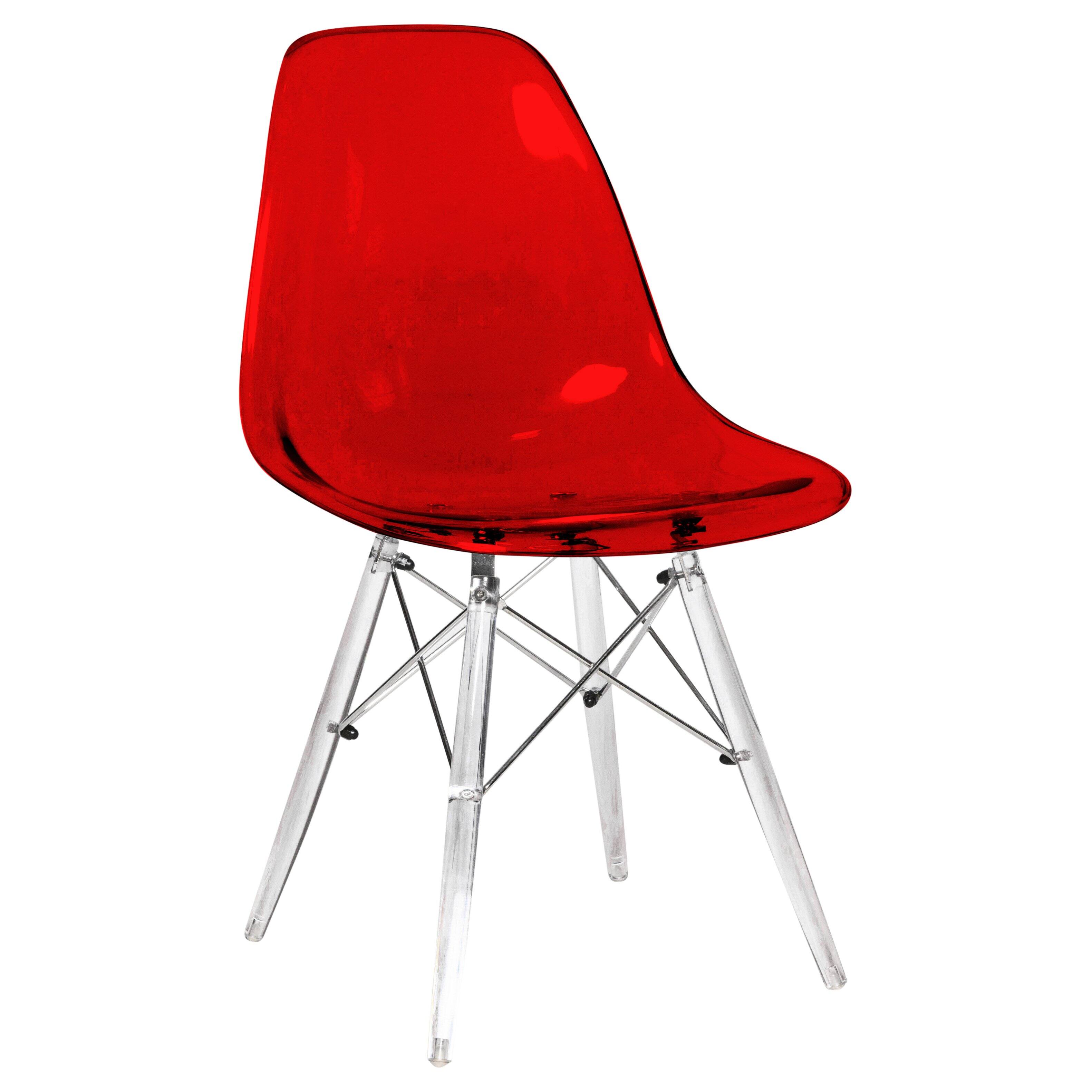 Alt View 4. LeisureMod - Cresco 4-Pieces Modern Plastic Dining Chair with Chrome Support Base and Acrylic Legs - Transparent Red.