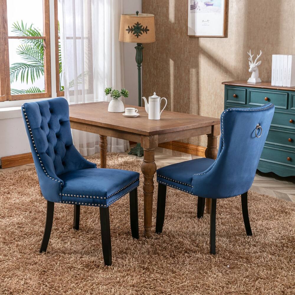 Alt View 9. Loheer - Loheer Blue Velvet Dining Chairs Set of 2 Tufted Solid Wood High Back Upholstered Contemporary Seat with Nailhead Trim - Blue.