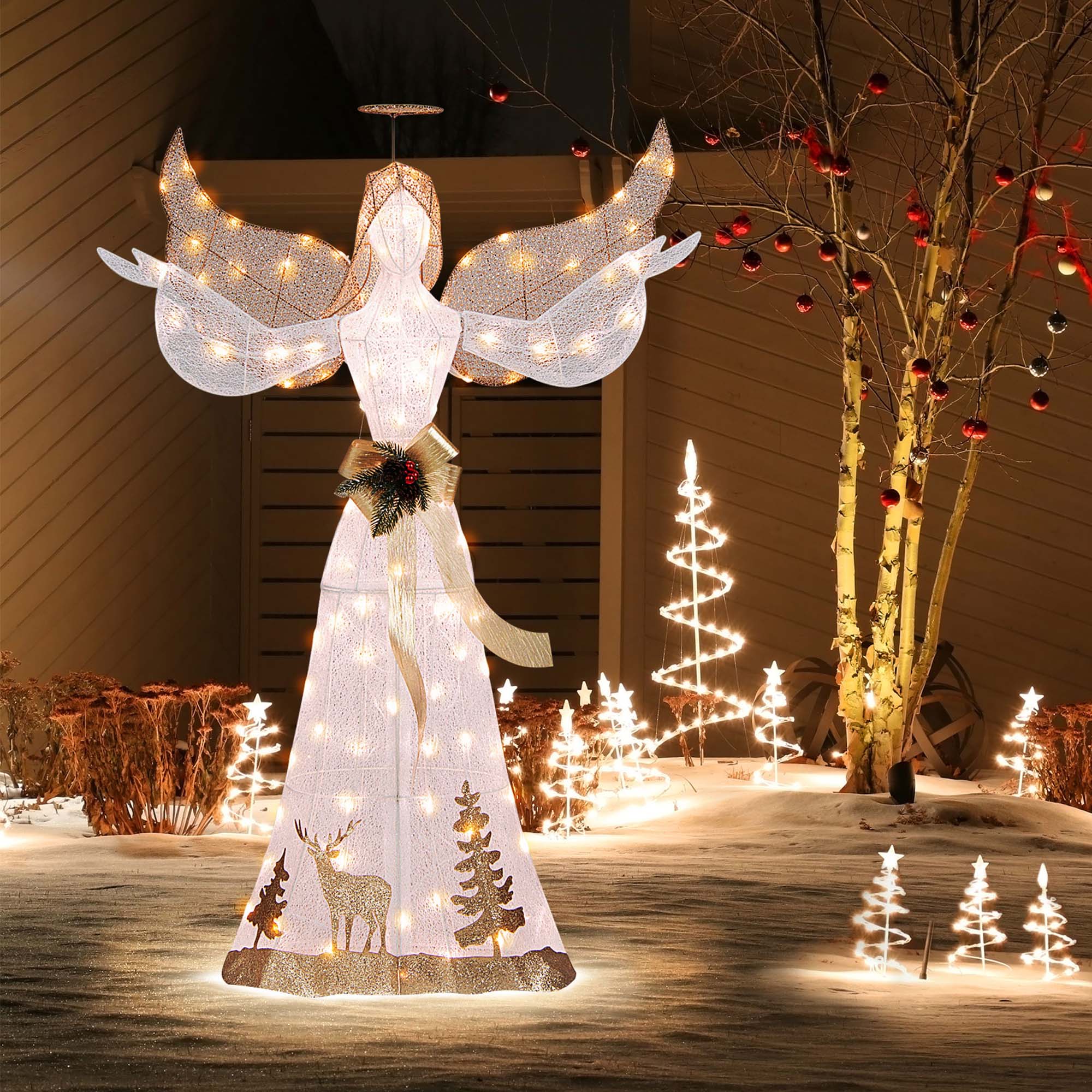 Alt View 11. Costway - 5 FT Pre-Lit Christmas Angel 3D Glittered Decoration with Halo Bow & 100 Lights - Gold/White.