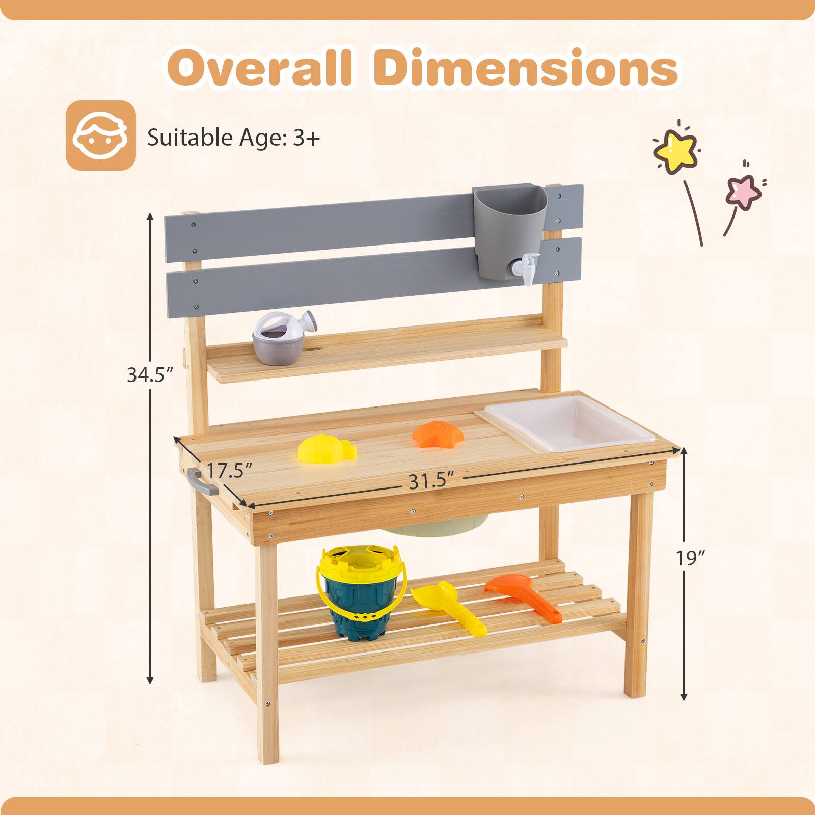 Overall Dimensions  
Suitable Age: 3+  
34.5" x 17.5" x 31.5" x 19"