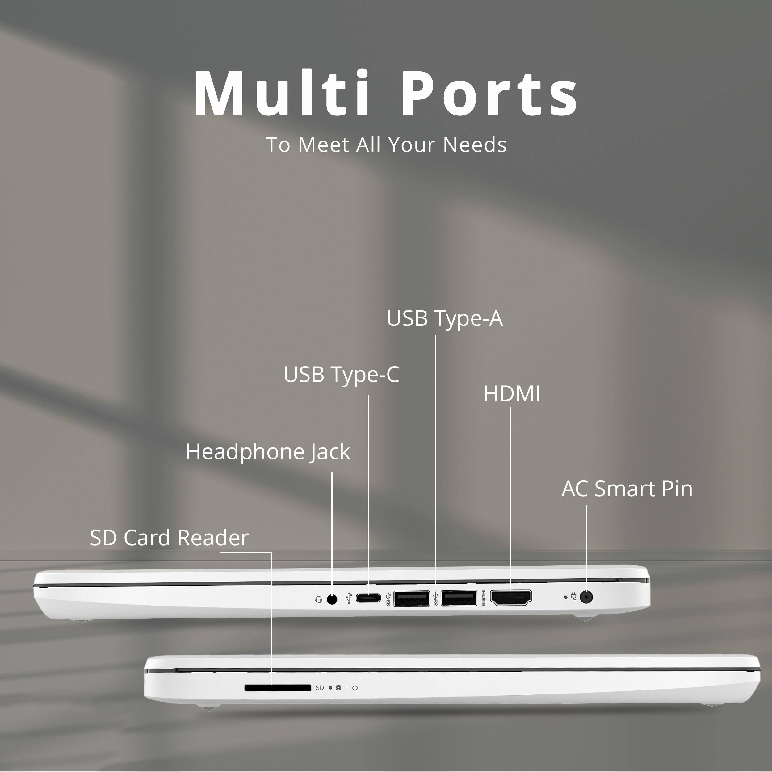 Multi Ports To Meet All Your Needs  
USB Type-A  
USB Type-C  
HDMI  
Headphone Jack  
AC Smart Pin  
SD Card Reader