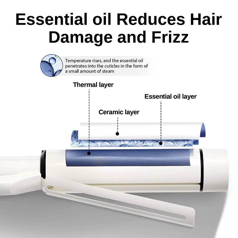 Essential oil Reduces Hair Damage and Frizz

Temperature rises, and the essential oil penetrates into the cuticles in the form of a small amount of steam

Thermal layer  
Ceramic layer  
Essential oil layer