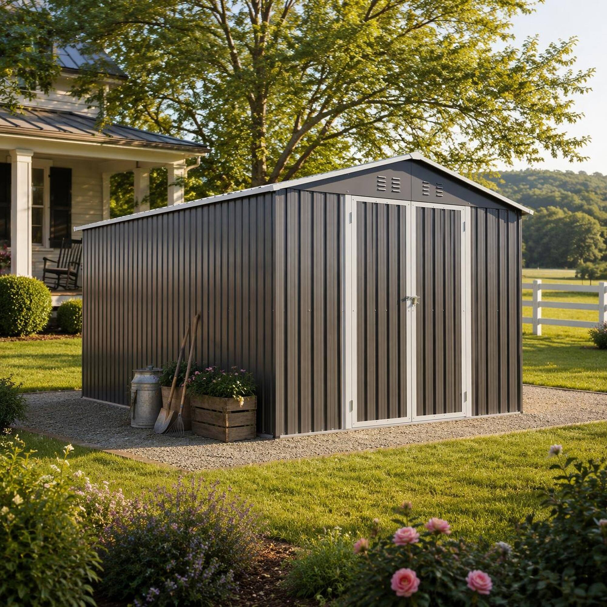 Left. RYHNUYNE - 8x12 ft Lockable Metal Shed Aluminum Frame Sloped Roof Dual Vents Backyard Gray - Gray.