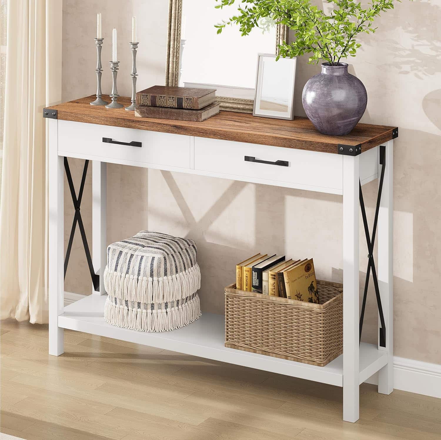 Electrodes Masters - 43-Inch Console Table with Drawers - Sofa Table with Open Shelf and 2 Drawers, White/Brown - White+Brown