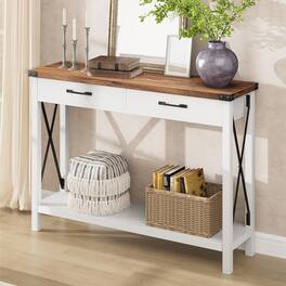 Homhougo - 43-Inch Console Table with Drawers - Sofa Table with Open Shelf and 2 Drawers, White/Brown - White+Brown