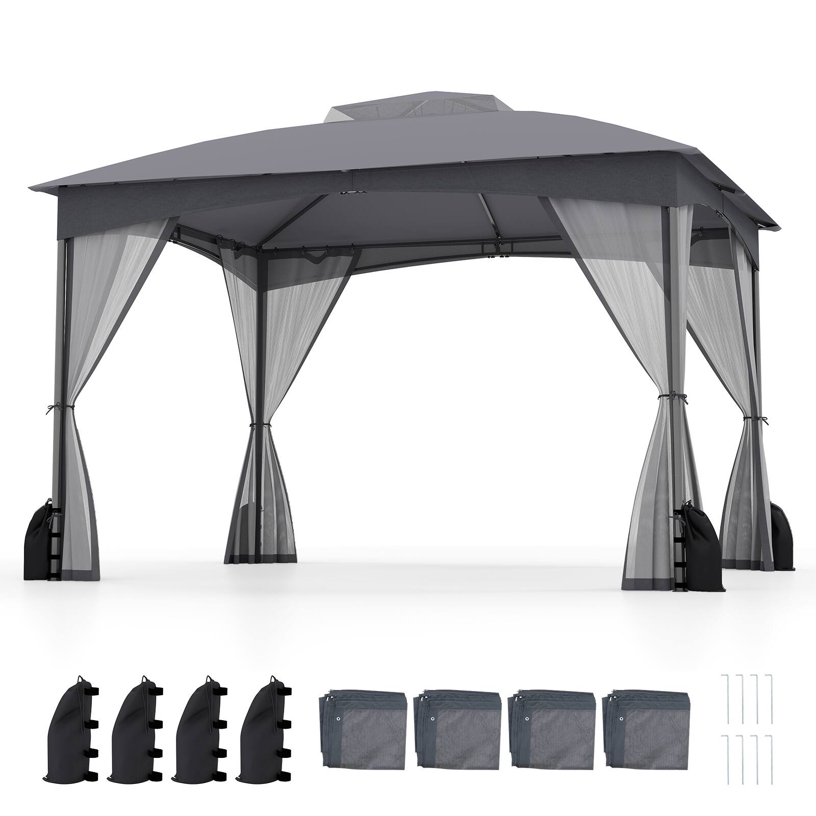 Alt View 4. Gymax - Gymax 10 x 12 FT Patio Gazebo w/ Netting Walls Soft Top Double Roof Canopy w/ 4 Sandbags - Grey.