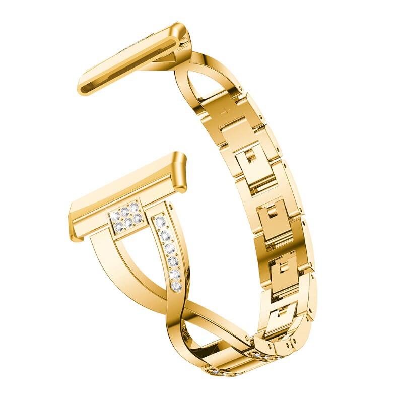 Left. StrapsCo - Glam Bracelet Stainless Steel Watch Band Strap For Fitbit Versa 4 - Yellow Gold.