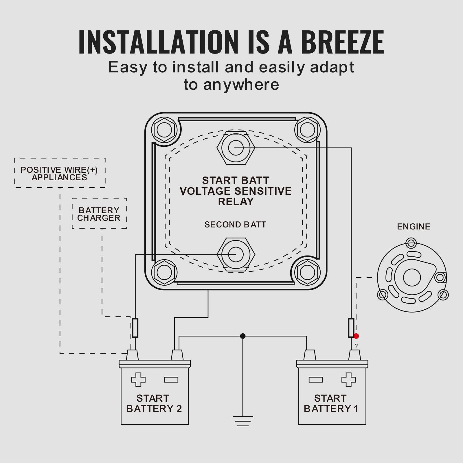 Installation is a breeze. Easy to install and easily adapt to anywhere.

Positive Wire (+) Appliances
Battery Charger
Start Batt Voltage Sensitive Relay
Second Batt
Engine
Start Battery 2
Start Battery 1