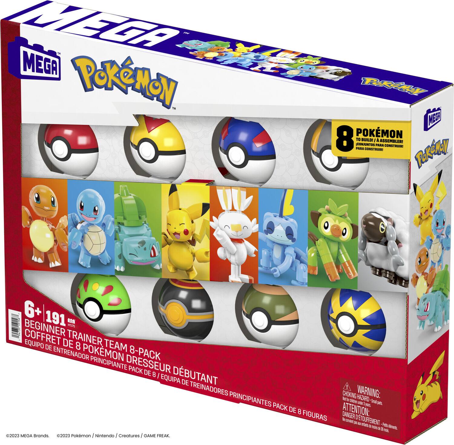 **MEGA Pokémon**

**8 POKÉMON TO BUILD / A ASSEMBLER! / PARA CONSTRUIR**

**6+ 191 BEGINNER TRAINER TEAM 8-PACK / COFFRET DE TRAINER POKÉMON 8-PACK / EQUIPO DE ENTRENADOR PRINCIPIANTE PACK DE 8 / EQUIPA DE TREINADORES PRINCIPIANTES PACK DE 8 FIGURAS**

**WARNING: CHOKING HAZARD - Small parts. Not for children under 3 years. / ATTENTION: DANGER - Petite pièce. Ne convient pas aux enfants de moins de 3 ans.**

**©2023 MEGA Brands. ©2023 Pokémon / Nintendo / Creatures / GAME FREAK.**