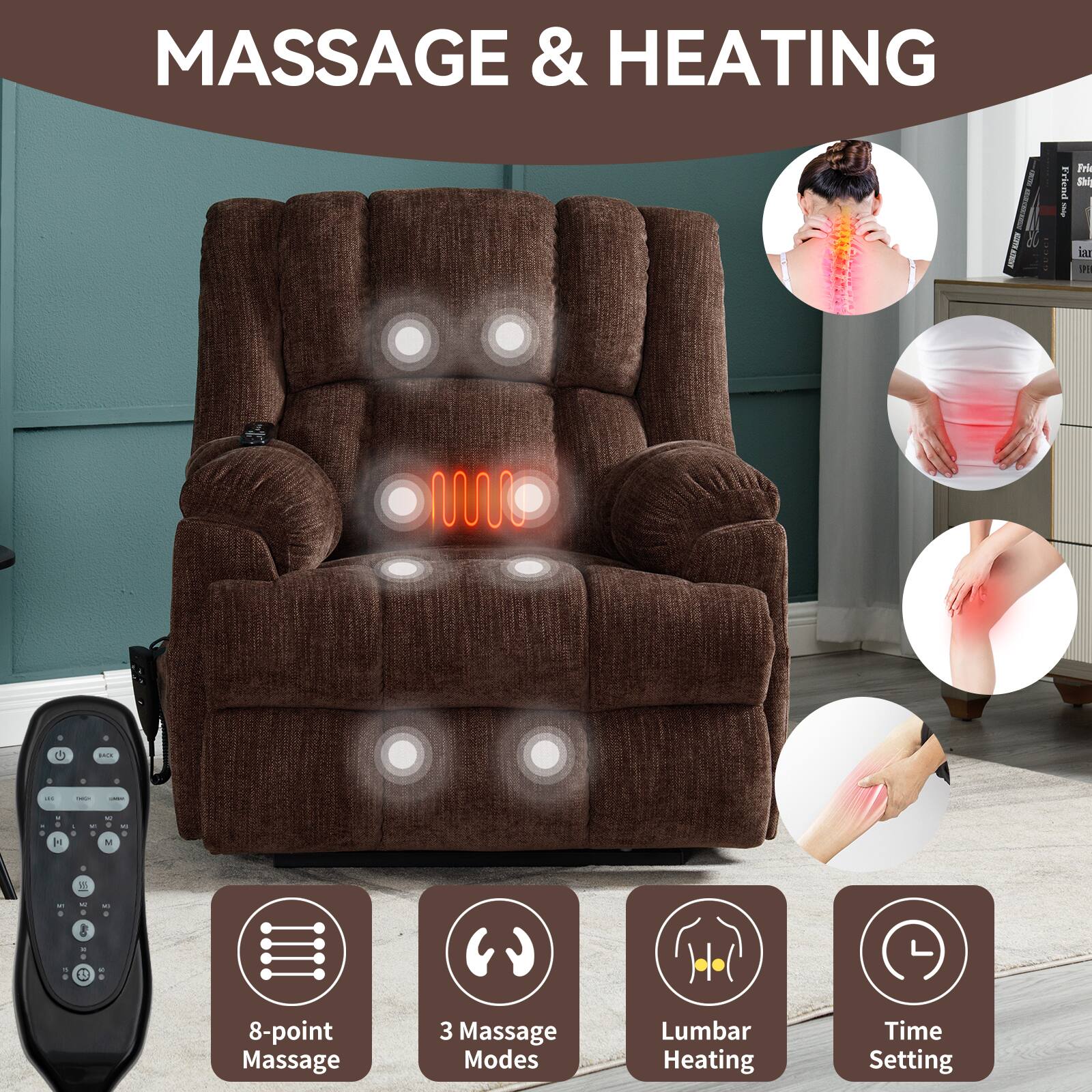 MASSAGE & HEATING

- 8-point Massage
- 3 Massage Modes
- Lumbar Heating
- Time Setting