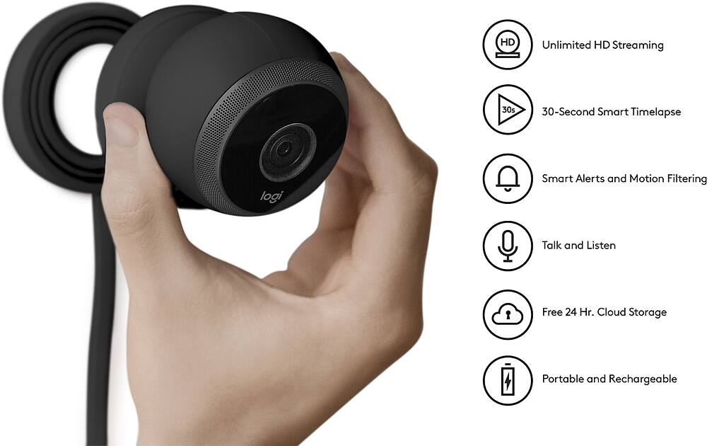 The image shows a person holding a black camera, which is described as a "smart camera." The camera has a variety of features, such as HD unlimited HD streaming, 30-second smart timelapse, smart alerts and motion filtering, talk and listen, and free 24-hour cloud storage. The camera is also portable and rechargeable, making it a convenient and versatile device for capturing moments and staying connected.