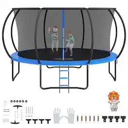 VEVOR - 14FT Trampoline, 450 lbs Trampoline with Enclosure Net, Ladder, and Curved Pole, Heavy Duty Trampoline with Jumping Mat - Blue