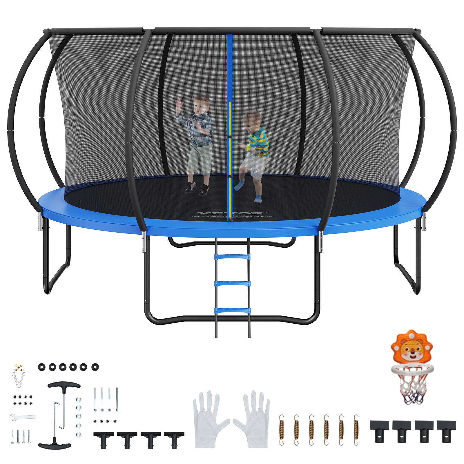 The image shows a trampoline with a safety enclosure and various accessories. Here is the corrected and grouped text:

- **Trampoline Brand:** VIVO
- **Accessories:**
  - Safety net enclosure
  - Ladder
  - Protective padding
  - Hand grips
  - Springs
  - Basketball hoop with net
  - Additional safety padding pieces
  - Screws and bolts

The trampoline is designed for children, as indicated by the images of kids playing on it.