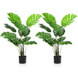 Gymax - 2 Pack Artificial Monstera Deliciosa Tree 4ft Faux Plant w/ Cement-Filled Pot - Green, Black