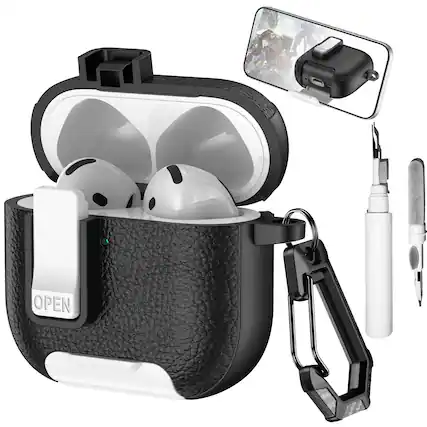 Front. Dteck - Earphone Case for Apple Airpods 4th Gen with Phone Holder & Keychain,Leather Texture Earbuds Cover for Man Women - Whiteblack.