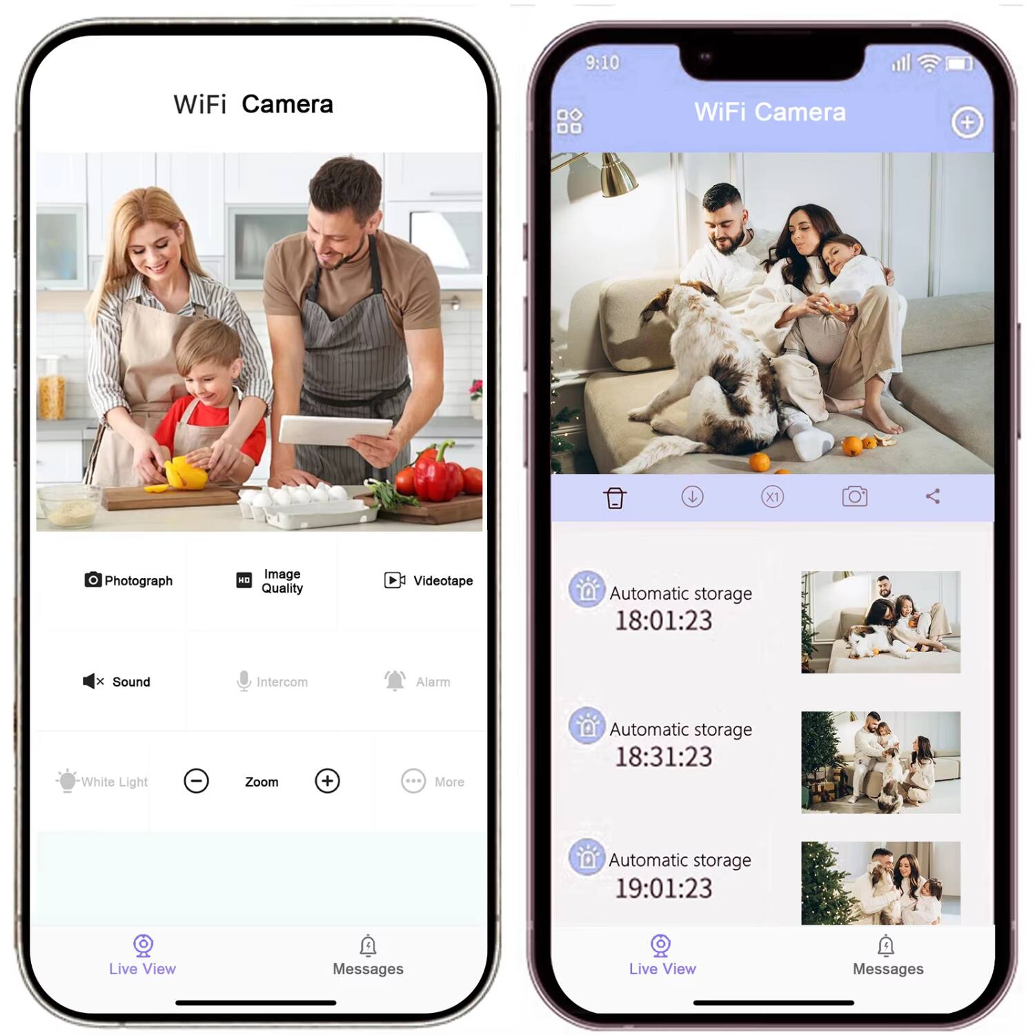 WiFi Camera

- Photograph
- Image Quality
- Videotape
- Sound
- Intercom
- Alarm
- White Light
- Zoom
- More
- Live View
- Messages

Automatic storage
18:01:23

Automatic storage
18:31:23

Automatic storage
19:01:23