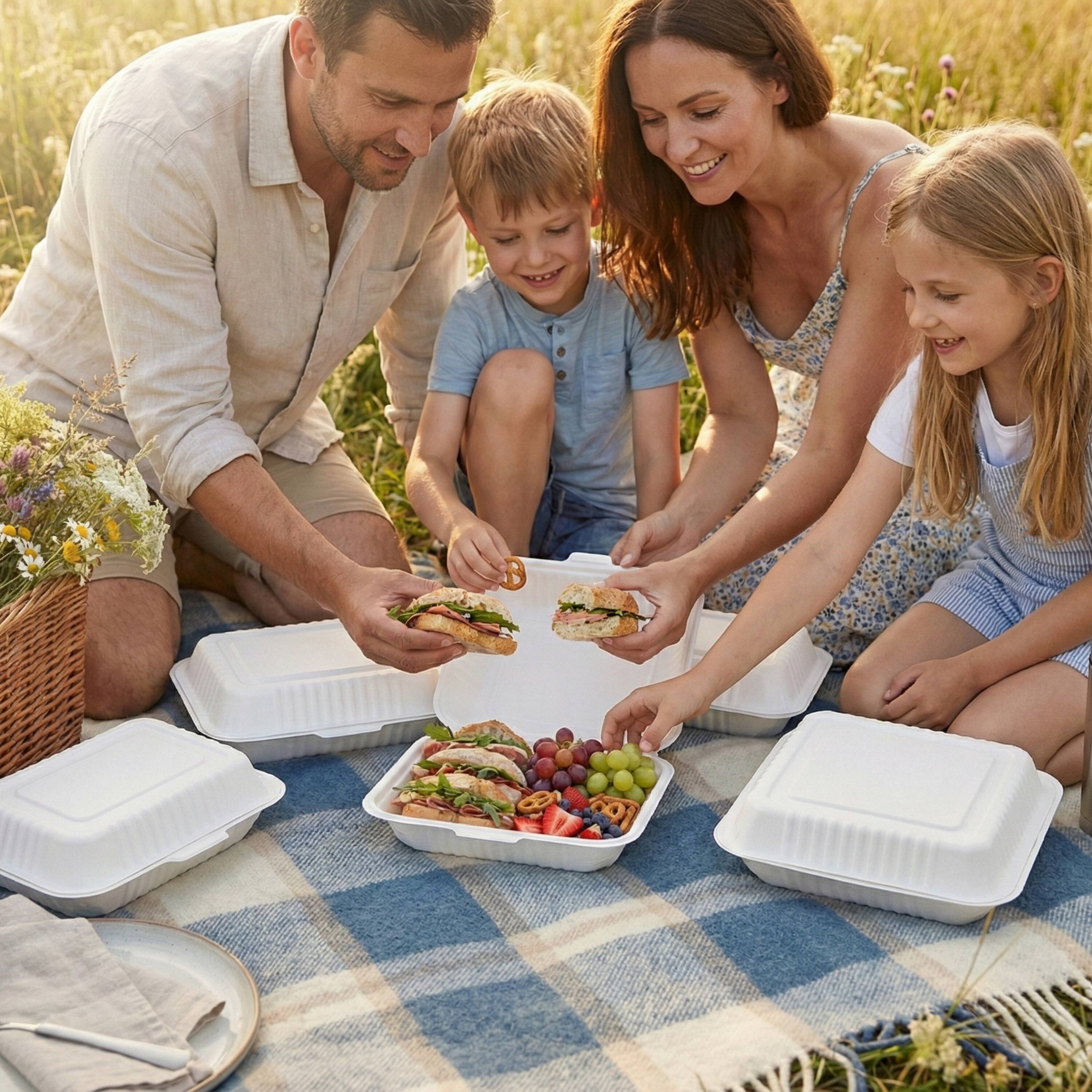 Alt View 1. Eco Harmony Products - Clamshell (MFPP) Hinged Container (Center Slide), 9" X 5.5", 200-Pack - White.