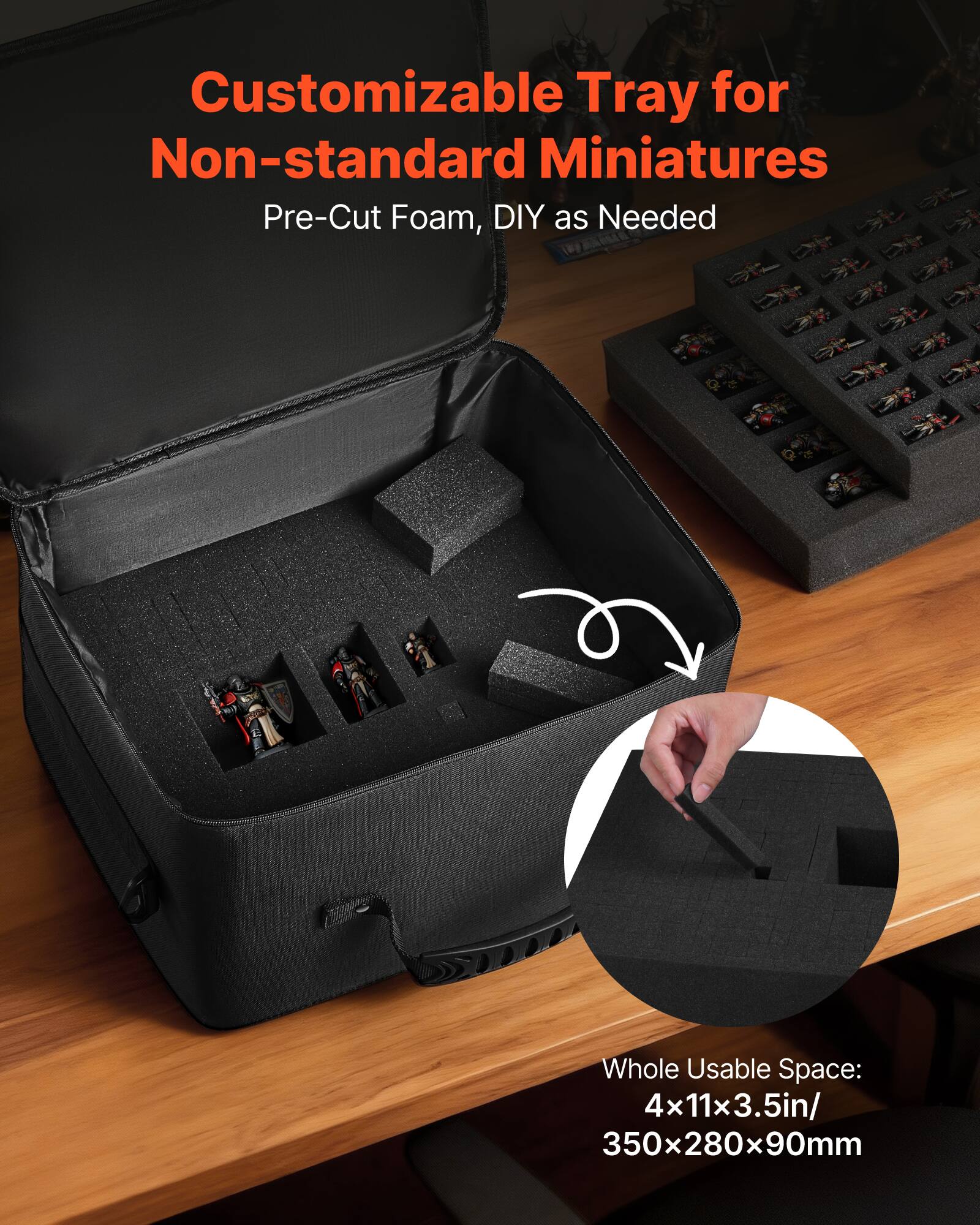 Customizable Tray for Non-standard Miniatures  
Pre-Cut Foam, DIY as Needed  

Whole Usable Space: 4x11x3.5in / 350x280x90mm