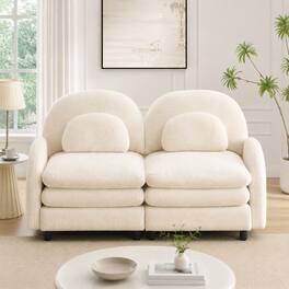 Anysun - Teddy Fabric Cloud-Like Loveseat Sofa: Curved Back, Armrest, Lumbar Pillows, Modular 2-Seater, Double-Layer Cushion - Beige White